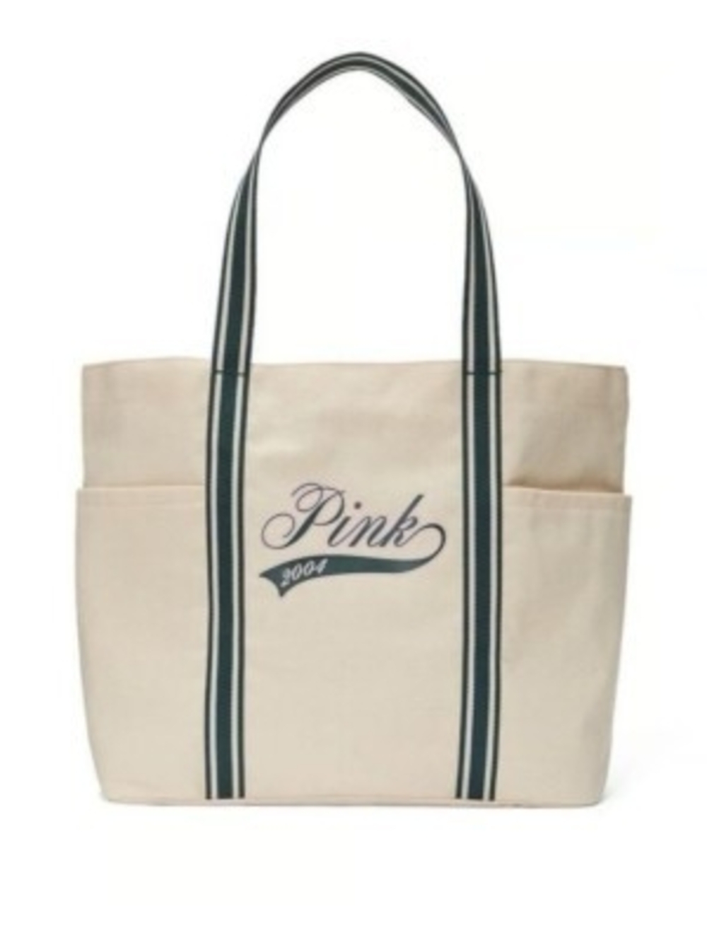 PINK Victoria's Secret Cream Canvas Tote with Striped Navy Handles
